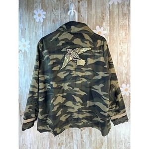 Me Jane Women's Jacket Sz‎ L Green Camo Embellished Embroidered Bird Zip Snap
